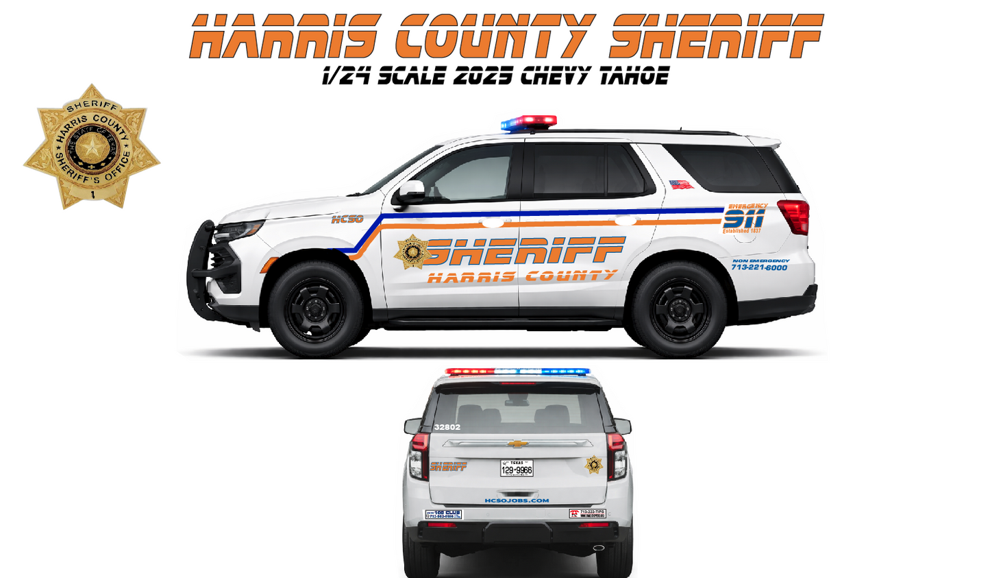 1/24 Scale 2025 Chevy Tahoe Police Diecast Model – Harris County Texas Sheriff – Custom Replica – Non Working Lights