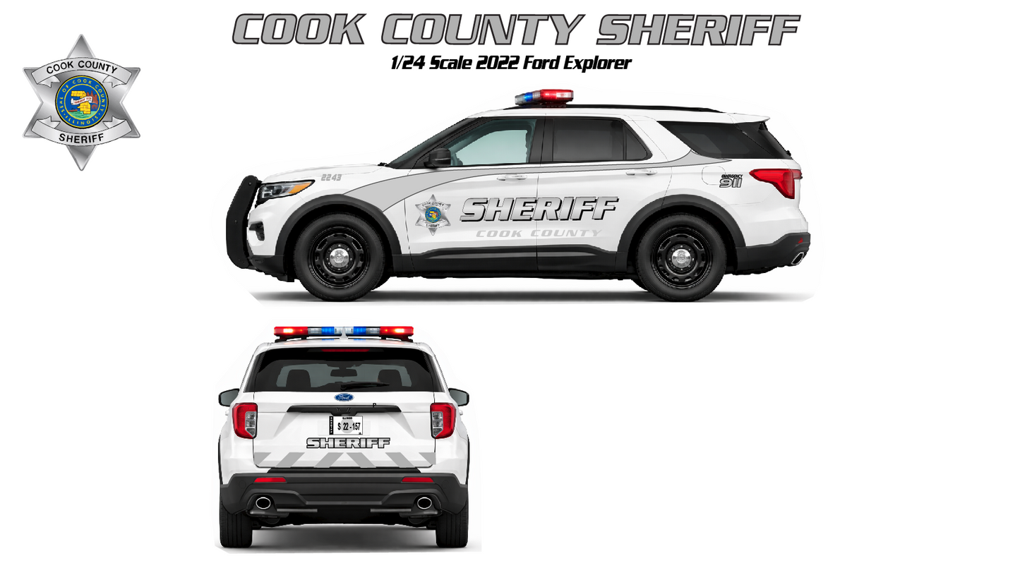 1/24 Scale 2022 Ford Explorer Cook County Illinois Sheriff Diecast Model Car Replica – New Graphics Scheme – Non-Working Lights