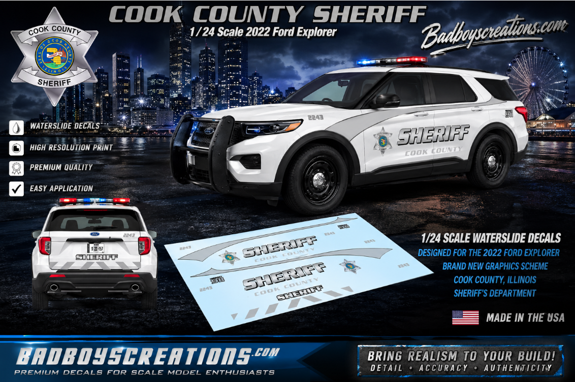 1/24 Scale 2022 Ford Explorer Cook County Illinois Sheriff Waterslide Decals – New Graphics Scheme – Approx 4 Sets Included