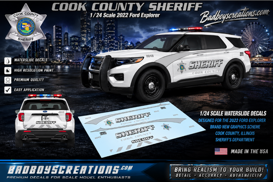 1/24 Scale 2022 Ford Explorer Cook County Illinois Sheriff Waterslide Decals – New Graphics Scheme – Approx 4 Sets Included