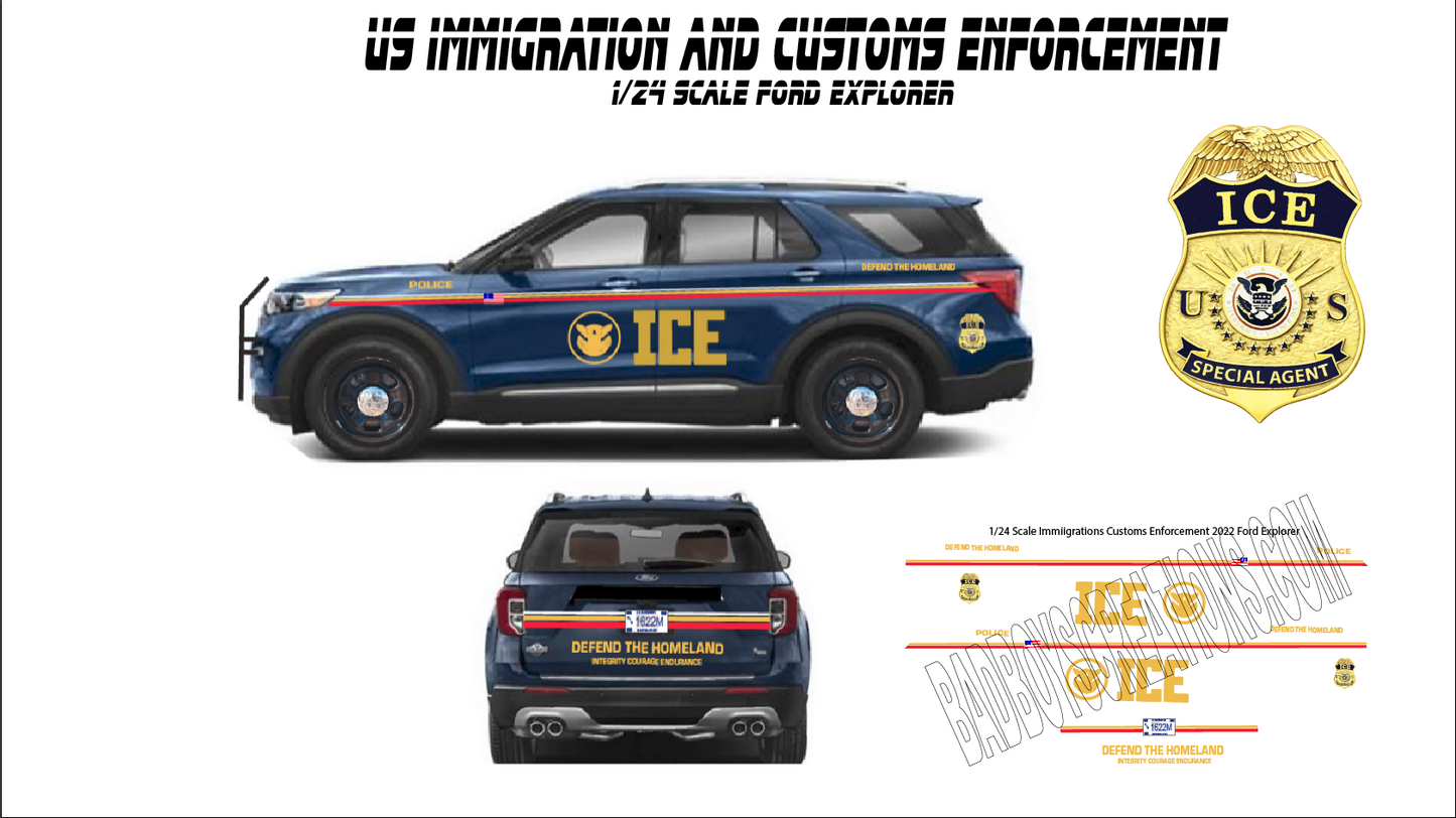 1/24 Scale 2022 Ford Explorer ICE US Immigration Enforcement Waterslide Decals – White Toner Laser Printed – Custom Diecast Graphics
