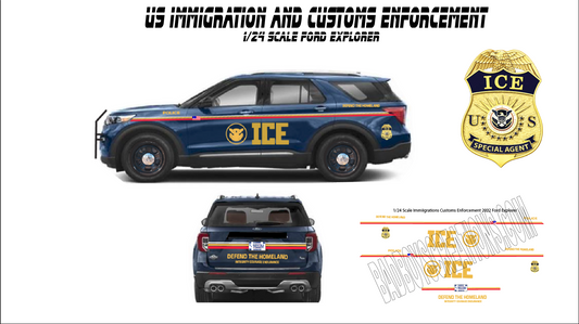 1/24 Scale 2022 Ford Explorer ICE US Immigration Enforcement Waterslide Decals – White Toner Laser Printed – Custom Diecast Graphics