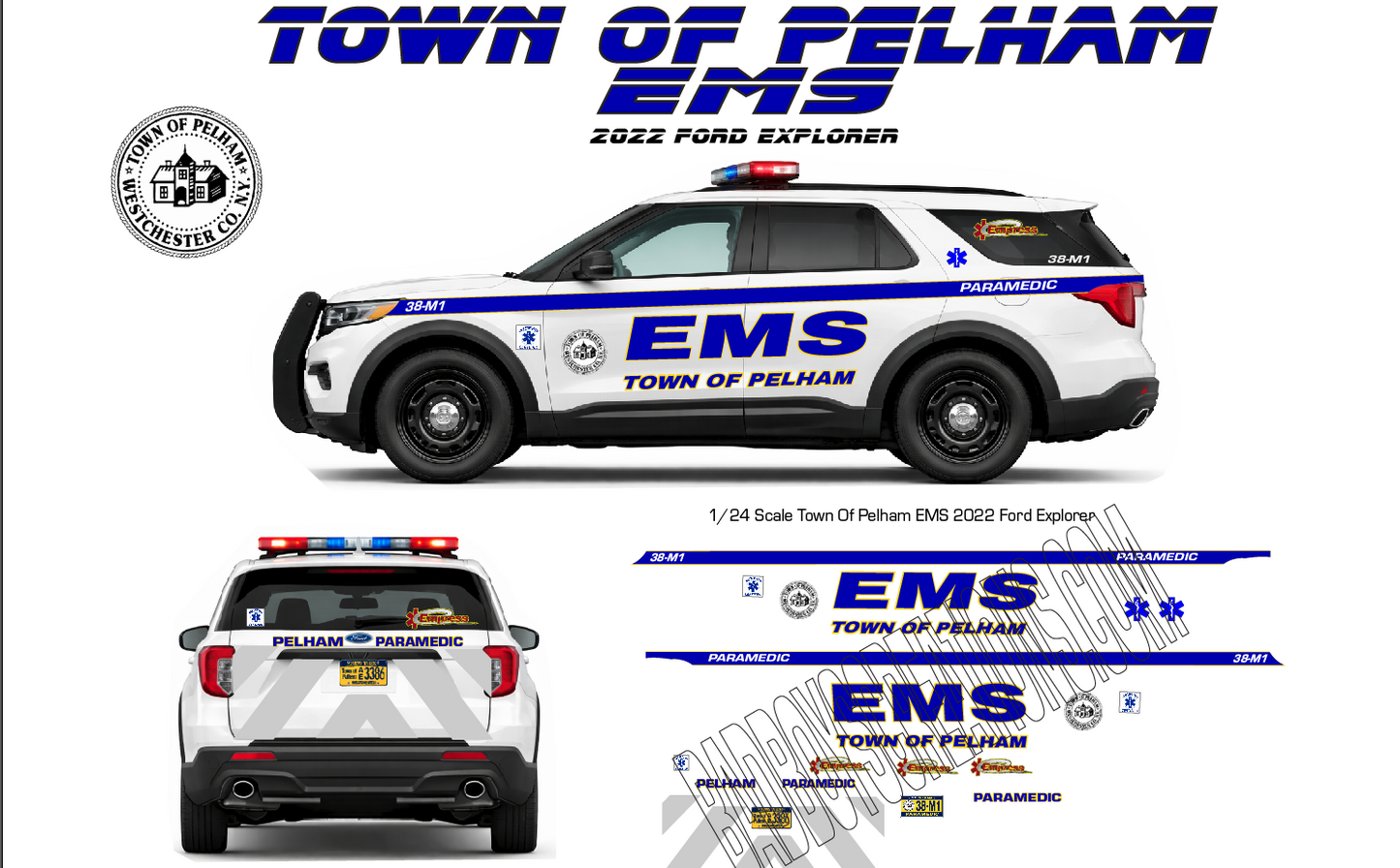 1/24 Scale Pelham NY EMS Waterslide Decals for 2022 Ford Explorer | Custom Emergency Vehicle Graphics | Approx 4 Sets Included