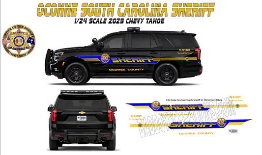 1/24 Scale Oconee County South Carolina Sheriff 2025 Chevy Tahoe Waterslide Decals | Custom Police Graphics | Approx 4 Sets Included
