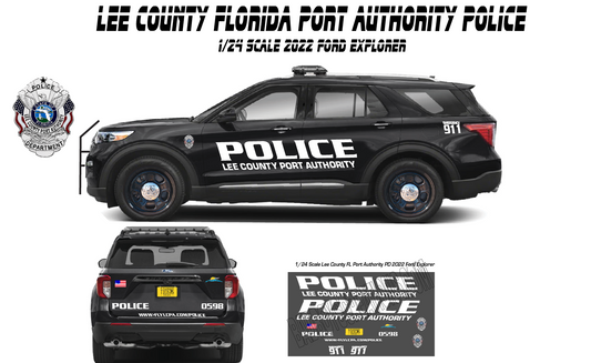 1/24 Scale Lee County Florida Port Authority Police Waterslide Decals for 2022 Ford Explorer | 4 Sets Included | White Toner Laser Printed