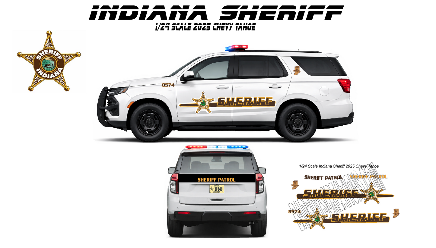 1/24 Scale Indiana Sheriff Waterslide Decals for 2025 Chevy Tahoe – Custom Police Model Decals – Includes 4 Sets