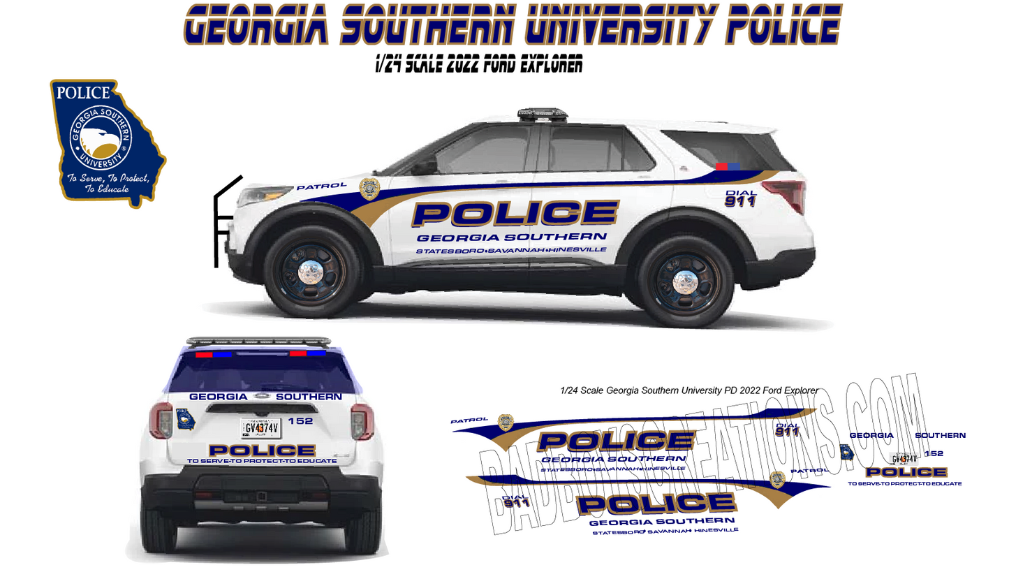 1/24 Scale Georgia Southern University Police Waterslide Decals for 2022 Ford Explorer – 4 Complete Sets Included