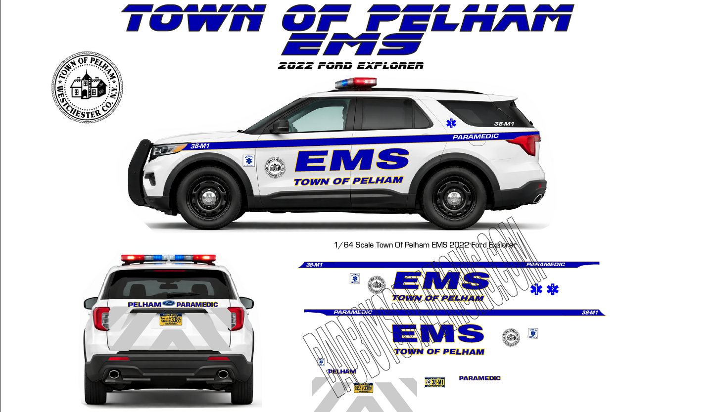 1/64 Scale Town of Pelham, NY EMS 2022 Ford Explorer Waterslide Decals – Custom Emergency Vehicle Decals – 8 to 10 Sets Included