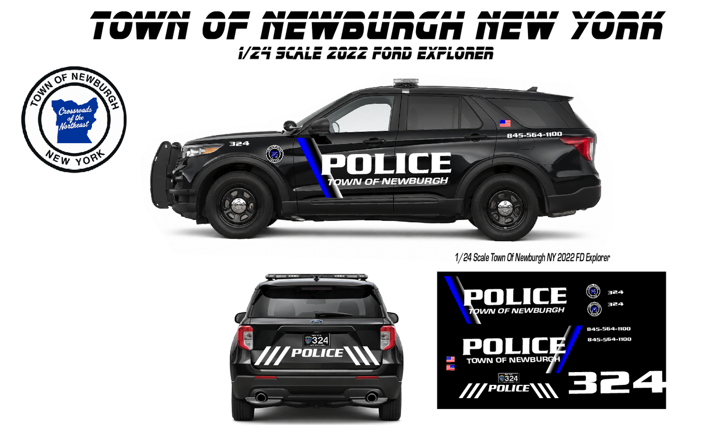 1/24 Scale Town of Newburgh NY Police Waterslide Decals for 2022 Ford Explorer Model Car