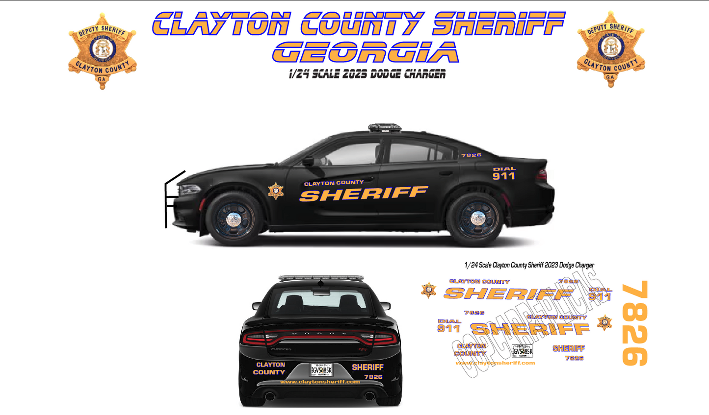 1/24 Scale Clayton County GA Sheriff 2023 Dodge Charger Waterslide Decals – Approx. 4 Complete Sets