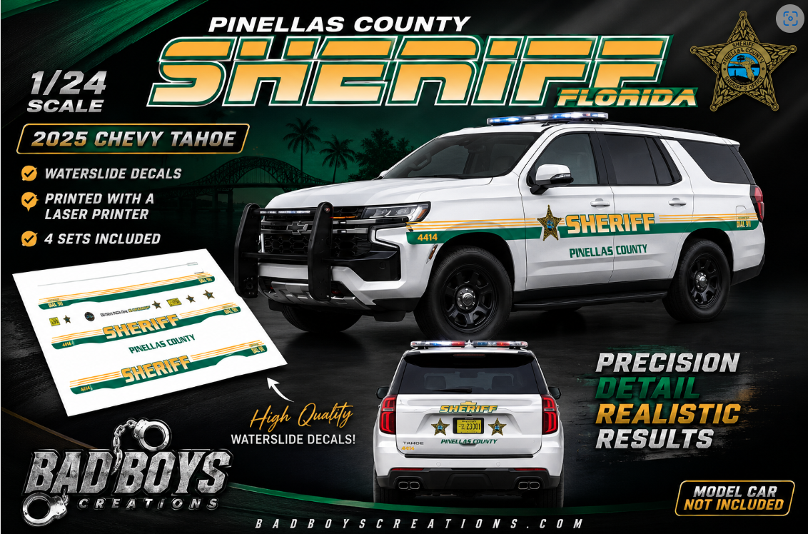 1/24 Scale Pinellas County Florida Sheriff 2025 Chevy Tahoe Waterslide Decals | Laser Printed | 4 Complete Sets