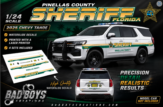 1/24 Scale Pinellas County Florida Sheriff 2025 Chevy Tahoe Waterslide Decals | Laser Printed | 4 Complete Sets