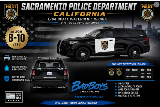 1/64 Scale Sacramento Police California 2022 Ford Explorer Waterslide Decals | Laser Printed | 8-10 Sets Included