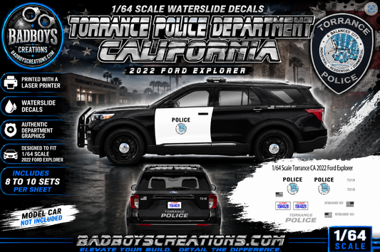 1/64 Scale Torrance Police Department California 2022 Ford Explorer Waterslide Decals | Laser Printed | 8-10 Sets Included