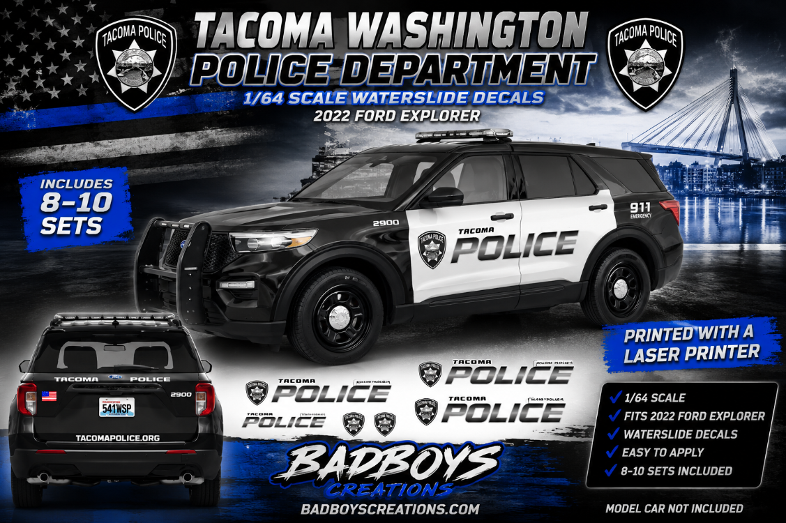 1/64 Scale Tacoma Washington Police 2022 Ford Explorer Waterslide Decals | Diecast Model Decals | Includes 8–10 Sets