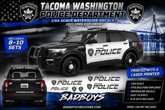 1/64 Scale Tacoma Washington Police 2022 Ford Explorer Waterslide Decals | Diecast Model Decals | Includes 8–10 Sets
