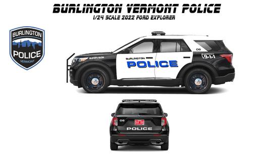 1/24 Scale 2022 Ford Explorer Burlington Vermont Police Custom Diecast Model Car with Working LED Lights & Siren