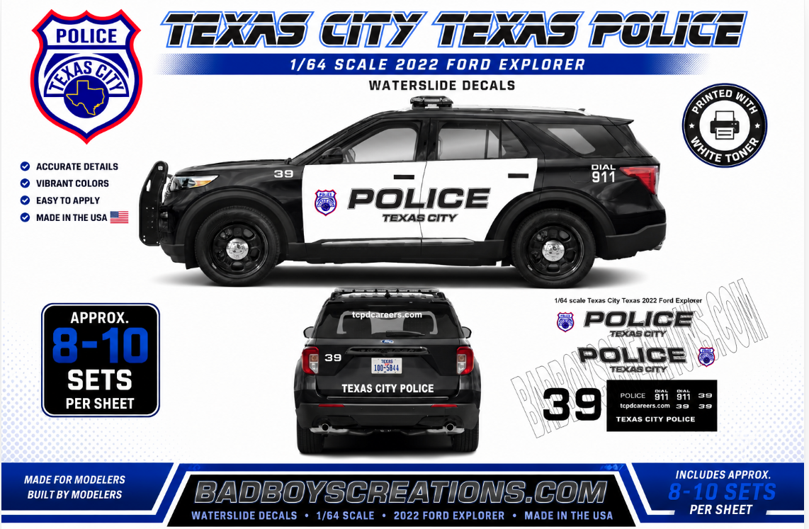 1/64 Scale 2022 Ford Explorer Waterslide Decals – Police Graphics | White Toner Printed | Approx. 8–10 Sets