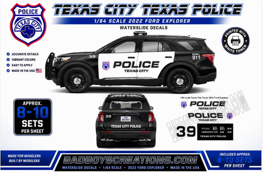 1/64 Scale 2022 Ford Explorer Waterslide Decals – Police Graphics | White Toner Printed | Approx. 8–10 Sets