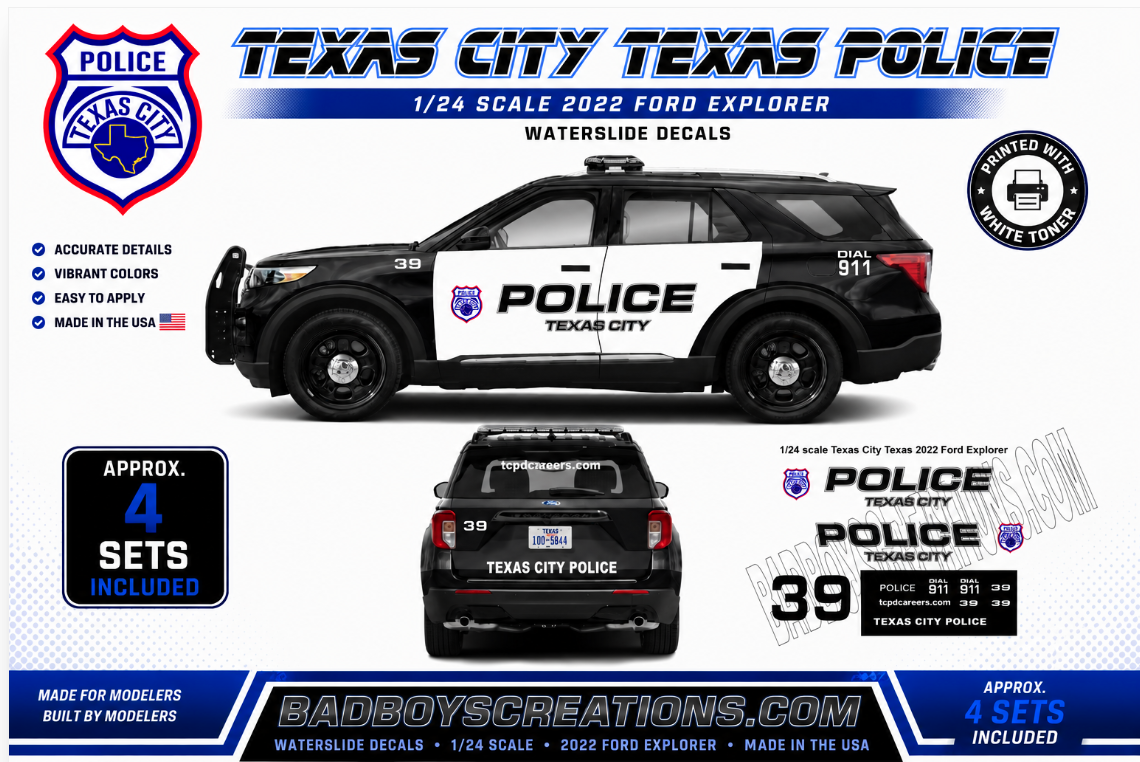 1/24 Scale 2022 Ford Explorer Waterslide Decals – Approx. 4 Sets | White Toner Printed