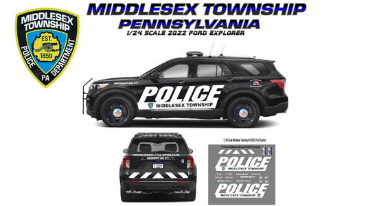 1/24 Scale Middlesex Township Pennsylvania Police Waterslide Decals | Fits 2022 Ford Explorer | Approx. 4 Complete Sets | White Toner Printed | Badboys Creations