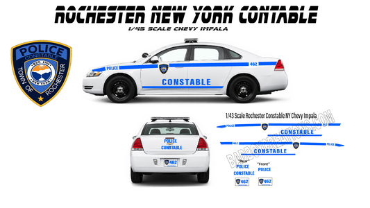 1/43 Scale Rochester NY Constable Chevrolet Impala Waterslide Decals – Fits First Response Chevy Impala – Approx. 8 Sets Included