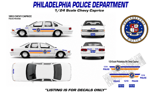 1/24 Scale Philadelphia Police 1990s Chevy Caprice Waterslide Decals –