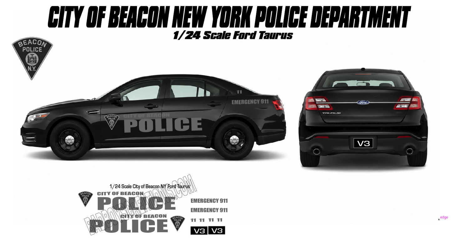 1/24 Scale City of Beacon, NY Police Ford Taurus Stealth Unit Waterslide Decals | White Toner Printed | Fits 1/24 Scale Models