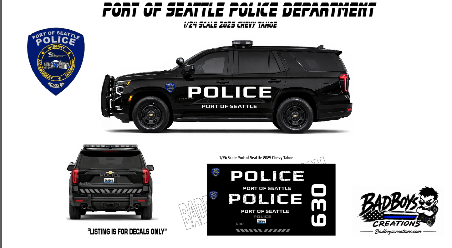 Port of Seattle Police Waterslide Decals – 1/24 Scale 2025 Chevy Tahoe