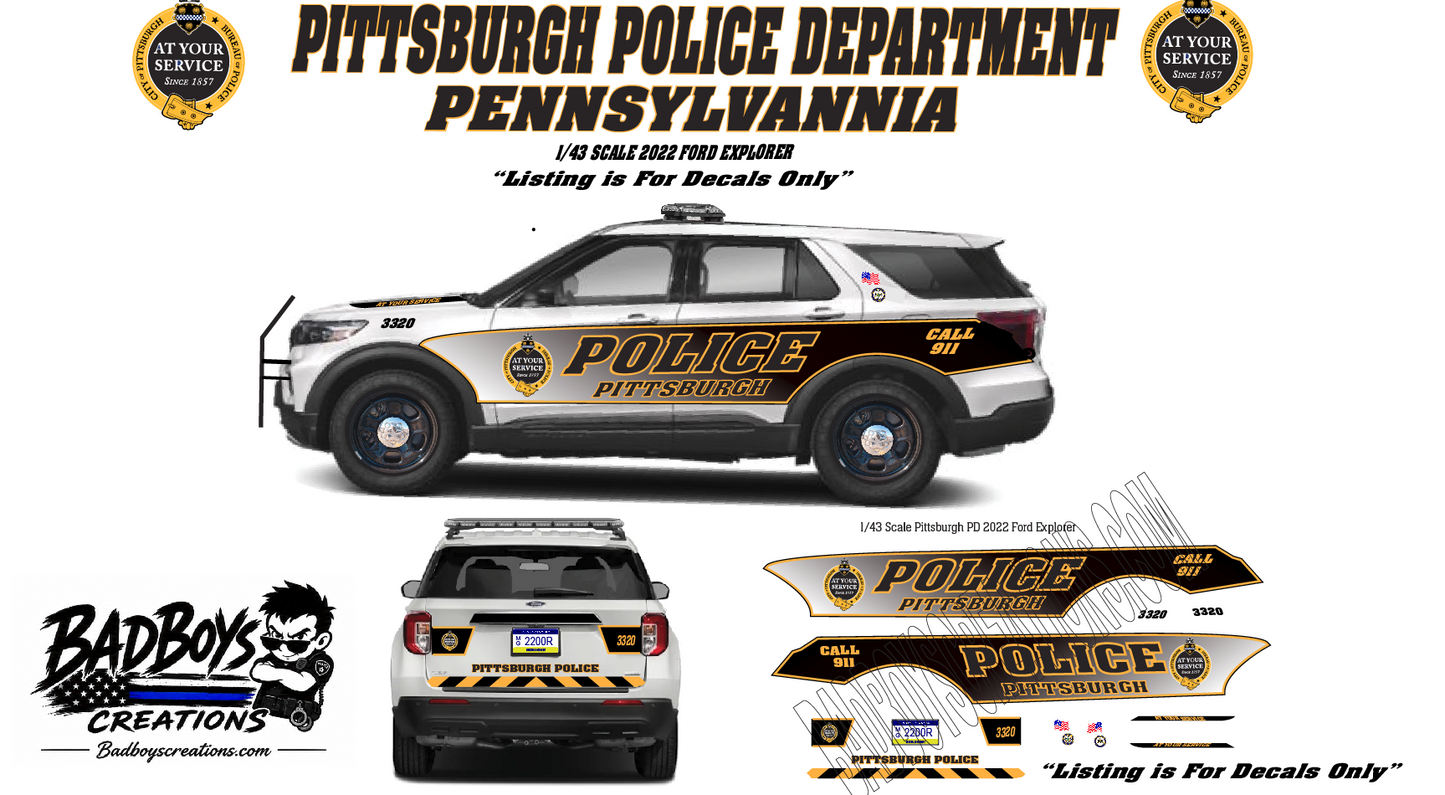 Pittsburgh Police 2022 Ford Explorer 1/43 Scale Waterslide Decals