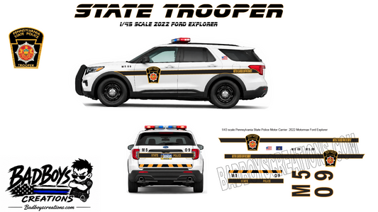 1/43 Scale Pennsylvania State Police Motor Carrier 2022 Ford Explorer Waterslide Decals