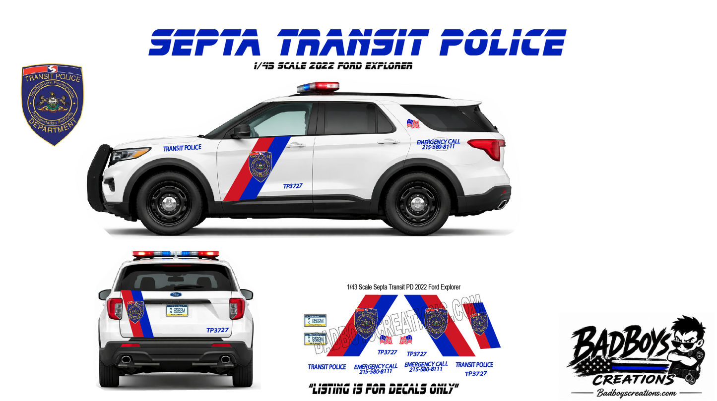 SEPTA Transit Police 2022 Ford Explorer Waterslide Decals – 1/43 Scale