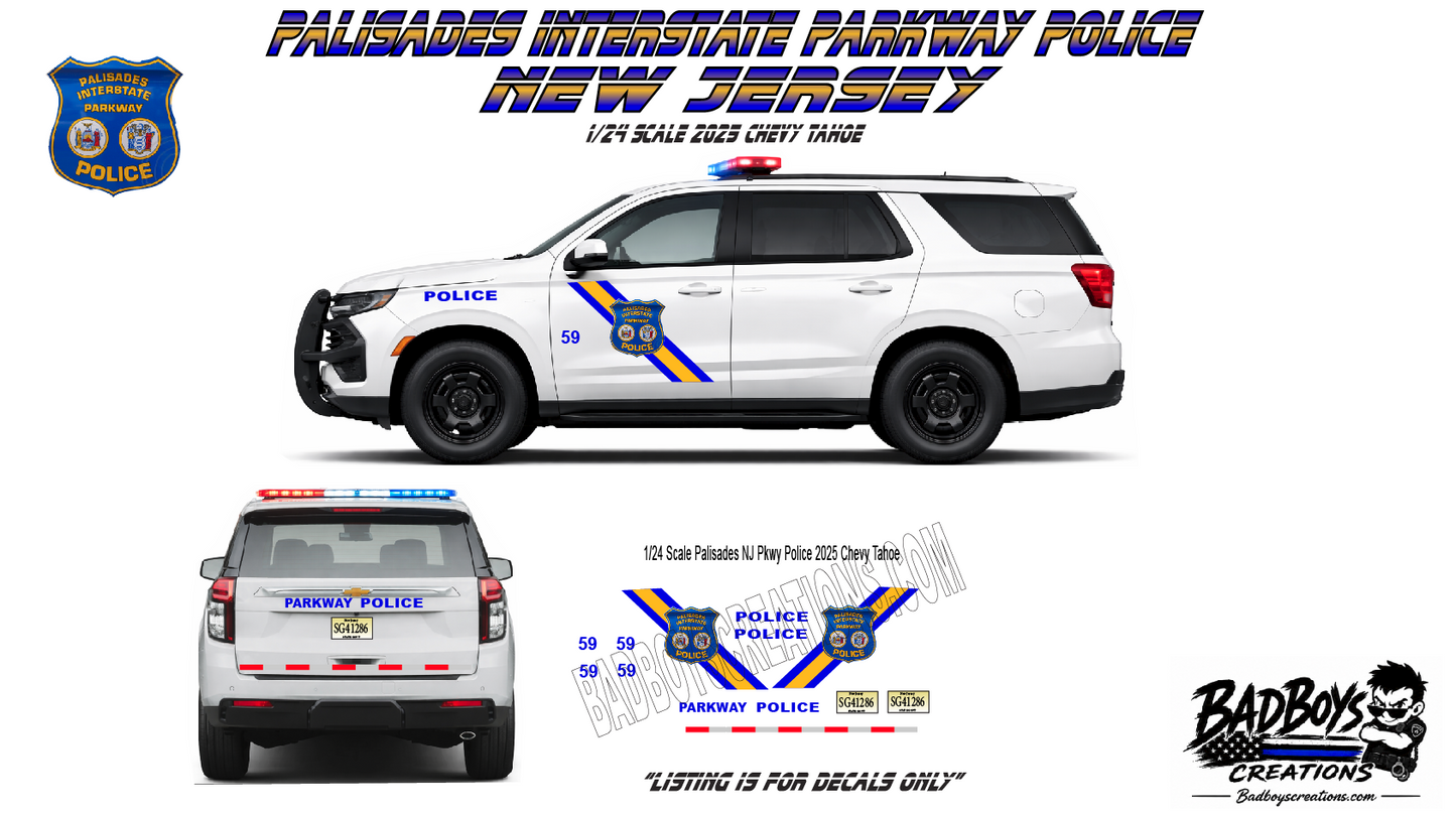 1/24 Scale Palisades Interstate Parkway Police Waterslide Decals – 2025 Chevy Tahoe