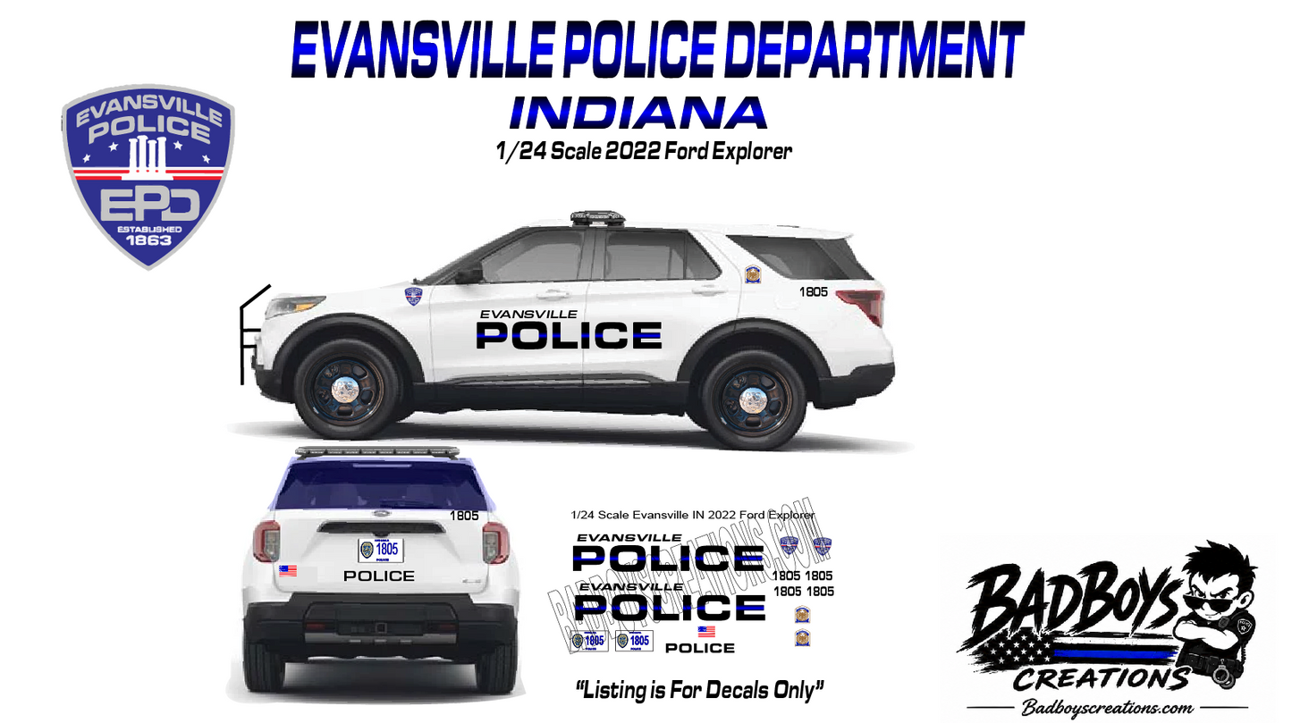 1/24 Scale Evansville Indiana Police Waterslide Decals for 2022 Ford Explorer