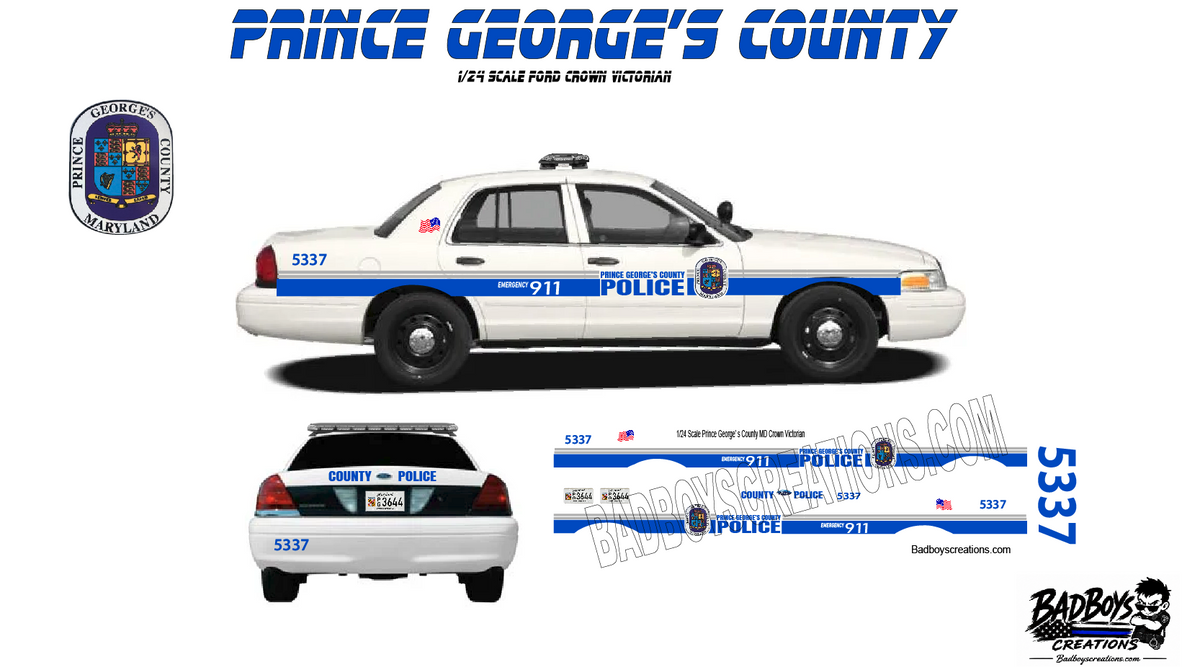 1/24 Scale Prince George’s County Maryland Police Waterslide Decals – Ford Crown Victoria