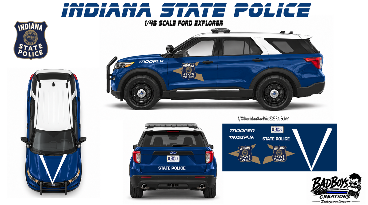 1/43 Scale Indiana State Police Waterslide Decals – 2022 Ford Explorer – Blue & White