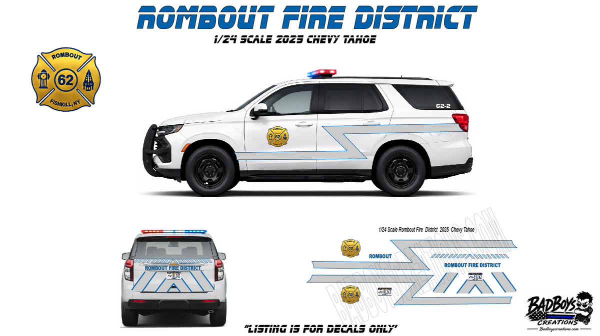 1/24 Scale Rombout Fire District NY Waterslide Decals – 2025 Chevy Tahoe