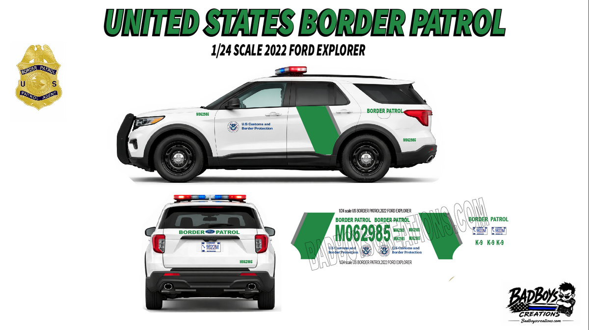 1/24 Scale U.S. Border Patrol Waterslide Decals – 2022 Ford Explorer Police Model