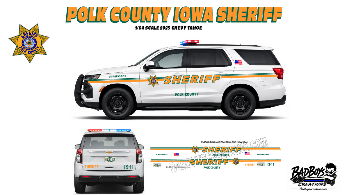1/64 Scale Polk County Iowa Sheriff 2025 Chevy Tahoe Waterslide Decals