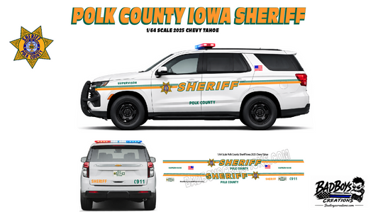 1/64 Scale Polk County Iowa Sheriff 2025 Chevy Tahoe Waterslide Decals