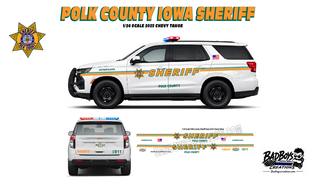 1/24 Scale Polk County Iowa Sheriff 2025 Chevy Tahoe Waterslide Decals