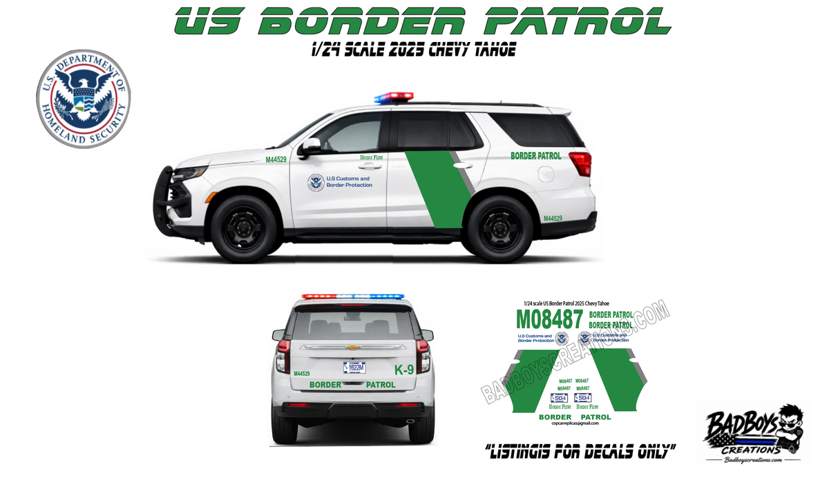 1/24 Scale U.S. Border Patrol 2025 Chevy Tahoe Waterslide Decals