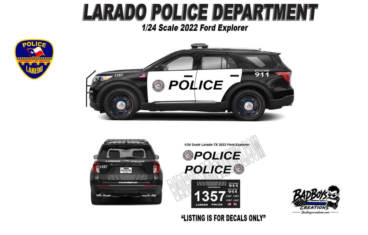 1/24 Scale Laredo Texas Police 2022 Ford Explorer Waterslide Decals