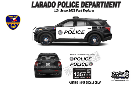 1/24 Scale Laredo Texas Police 2022 Ford Explorer Waterslide Decals