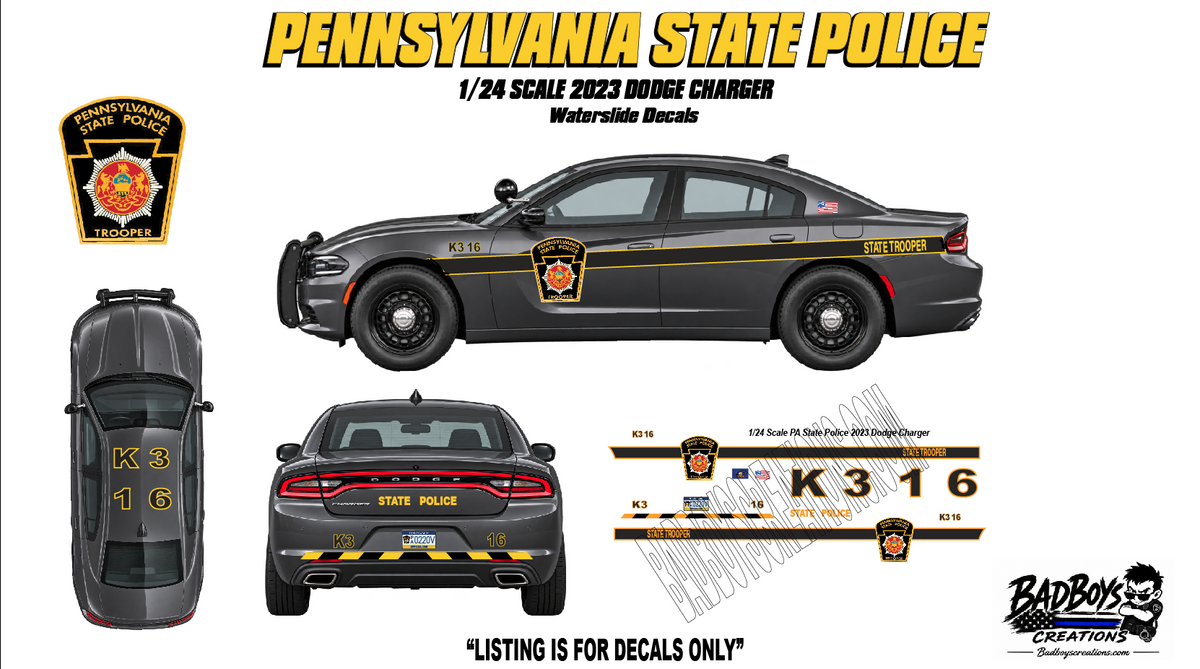 Pennsylvania State Police 1/24 Scale Waterslide Decals – 2023 Dodge Charger Dark Gray