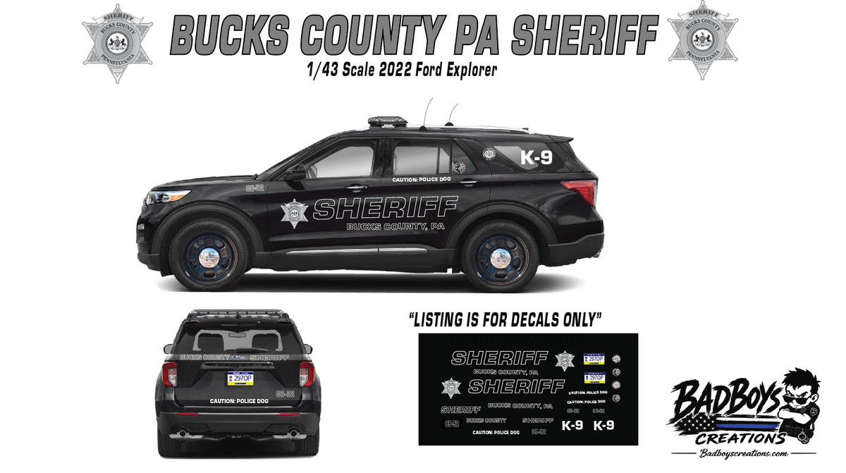 1/43 Scale Bucks County PA Sheriff Waterslide Decals – 2022 Ford Explorer Police SUV