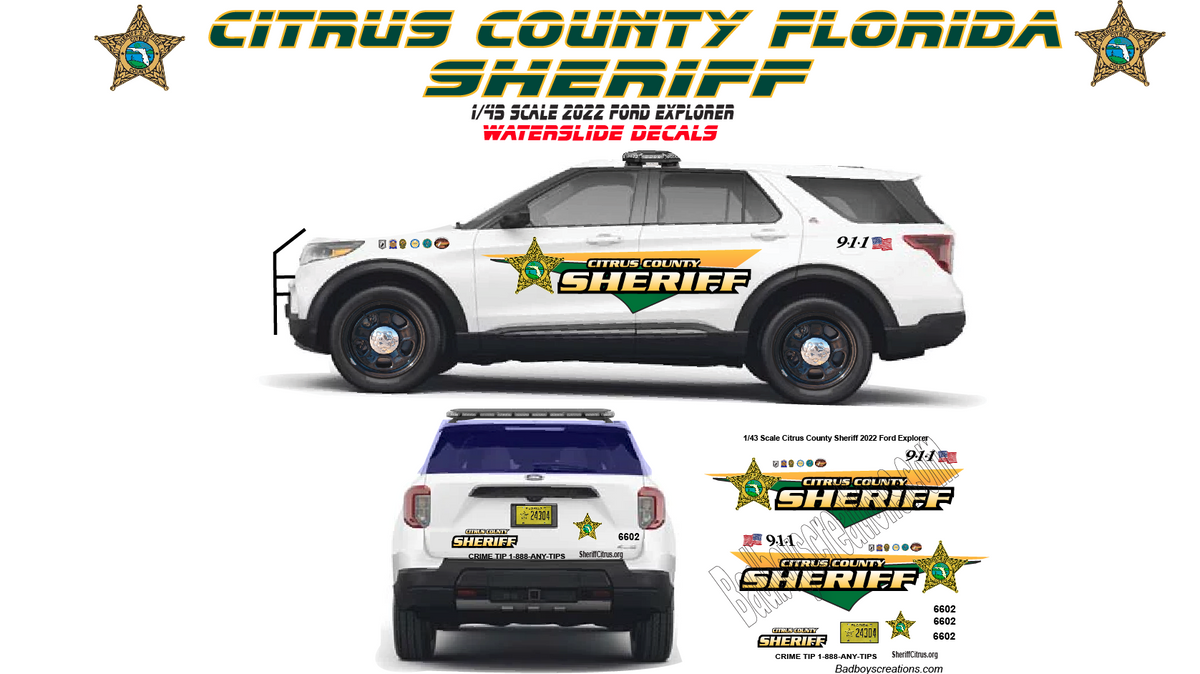 1/24 Scale Citrus County Sheriff Florida Waterslide Decals – 2022 Ford Explorer Police SUV