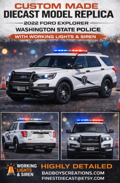 1/24 Scale 2022 Ford Police Explorer Washington State Police – Custom Diecast Model Car w/ Working LED Lights & Siren | Badboys Creations