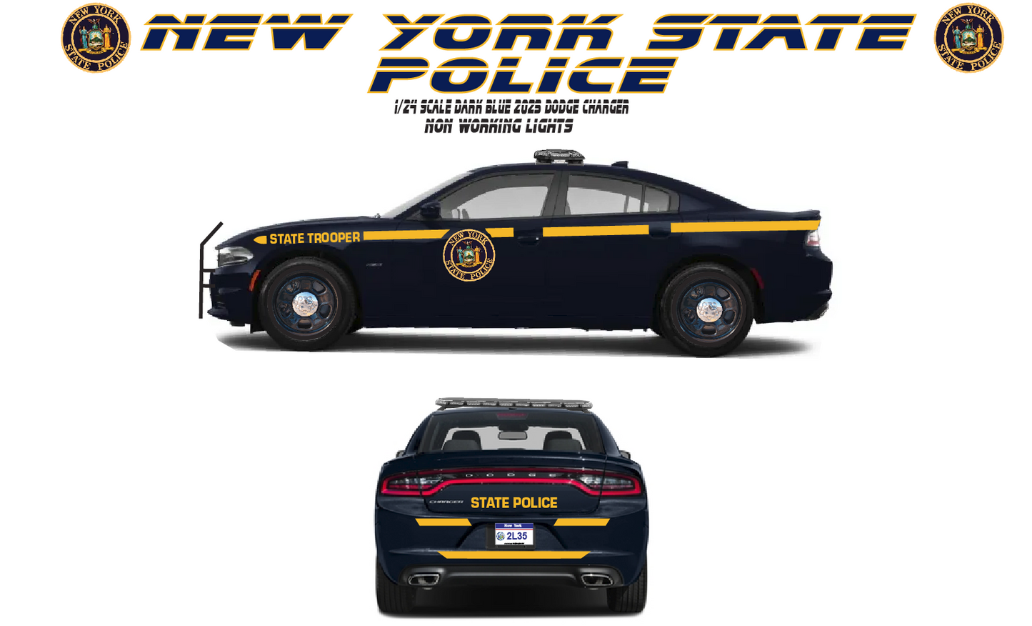 1/24 scale 2023 Dodge Charger New York State Police diecast model with working LED lights and siren, handmade custom police collectible by Badboys Creations