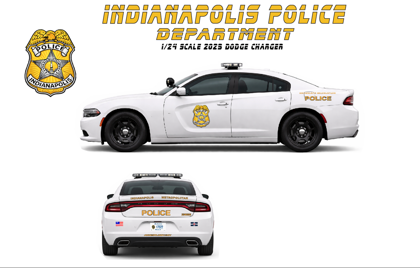 1/24 Scale 2023 Dodge Charger Indianapolis Police Diecast – Working LED Lights & Siren | Custom Police Model